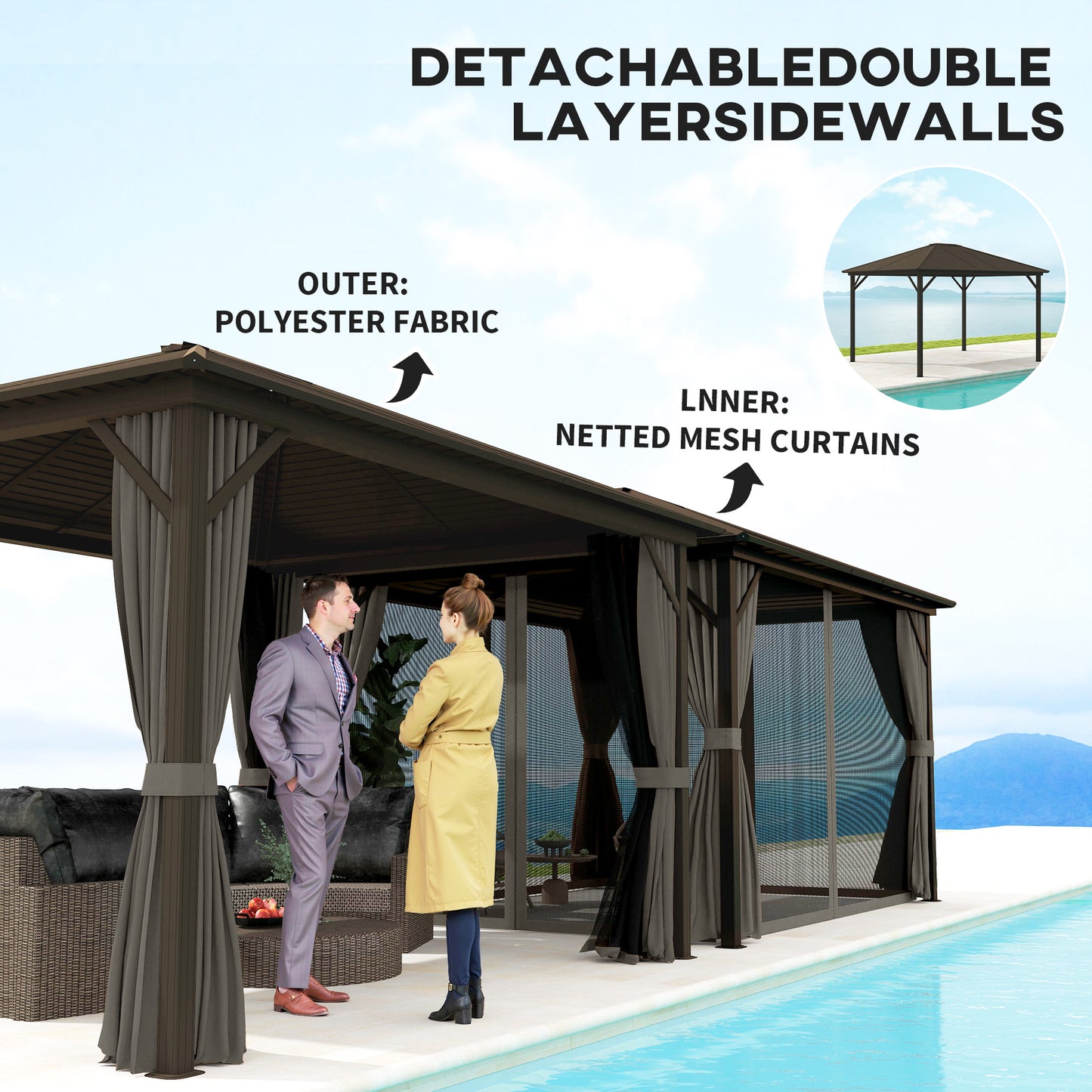 Gazebo à toit rigide de luxe en aluminium avec toit en métal et abri solaire de jardin