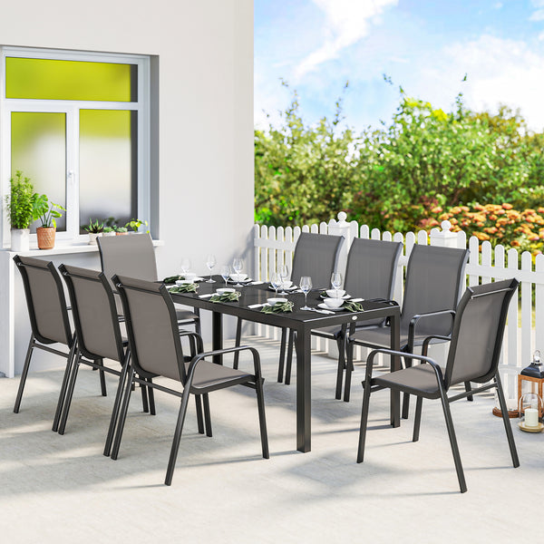 Ensemble de patio 9 pièces avec chaises empilables, plateau en verre pour jardin, terrasse, cour, gris foncé