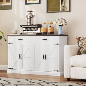 Buffet 55" style campagnard, avec plateau, 4 portes de grange, 2 tiroirs et 2 étagères réglables, blanc