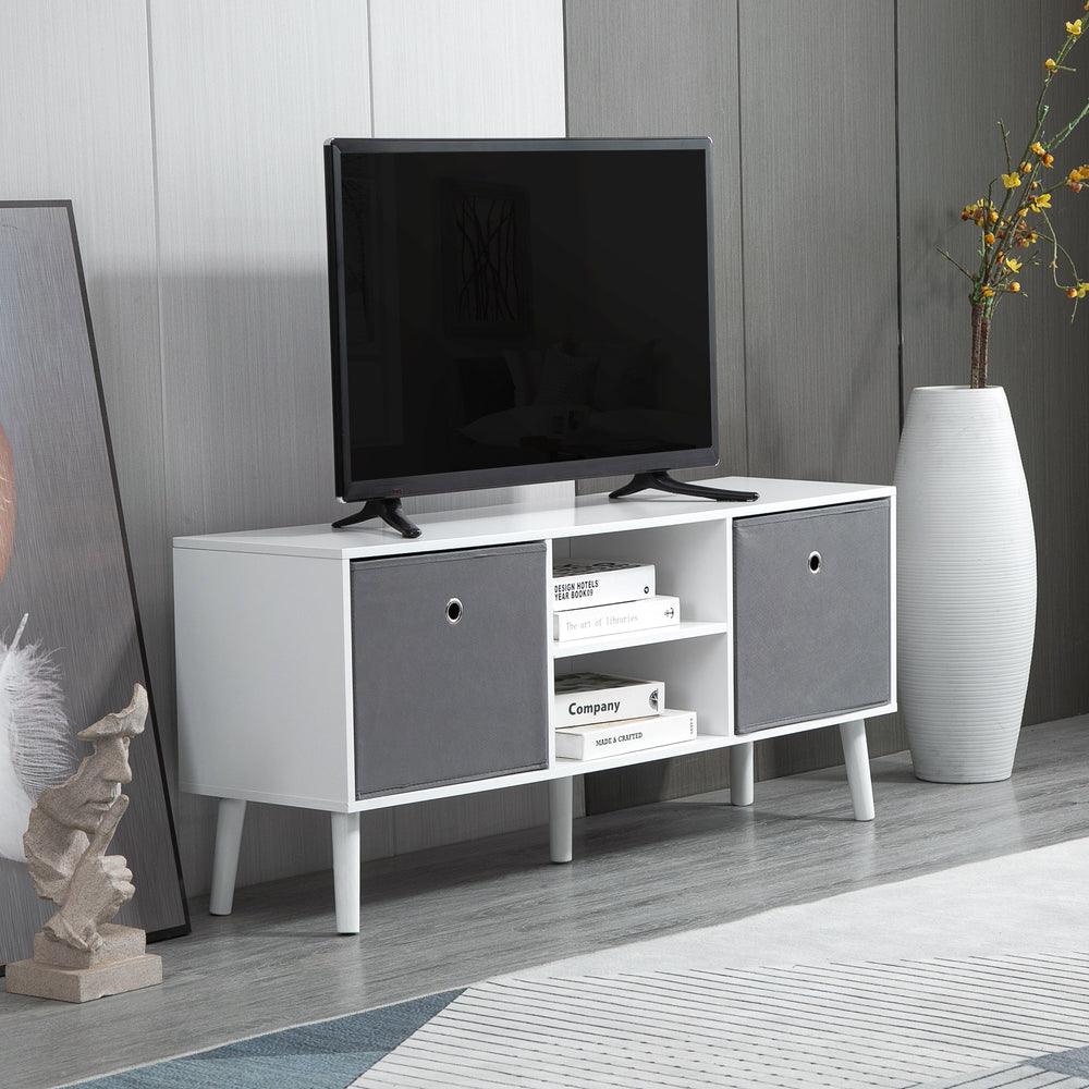 Meuble TV moderne avec tiroirs et étagères pliables, blanc