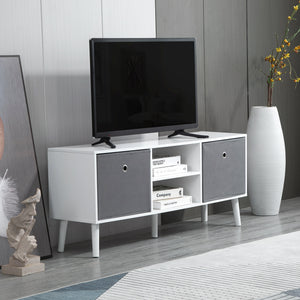 Meuble TV moderne avec tiroirs et étagères pliables, blanc