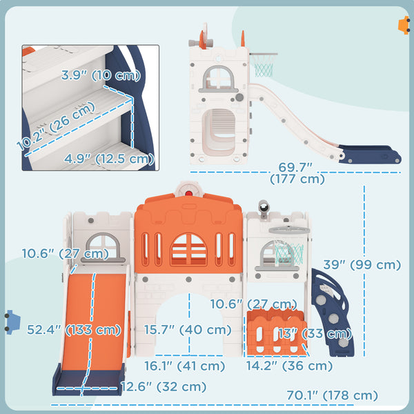 Toboggan 7 en 1 pour tout-petits avec panier de basket, structure d'escalade, télescope, tunnel et volant