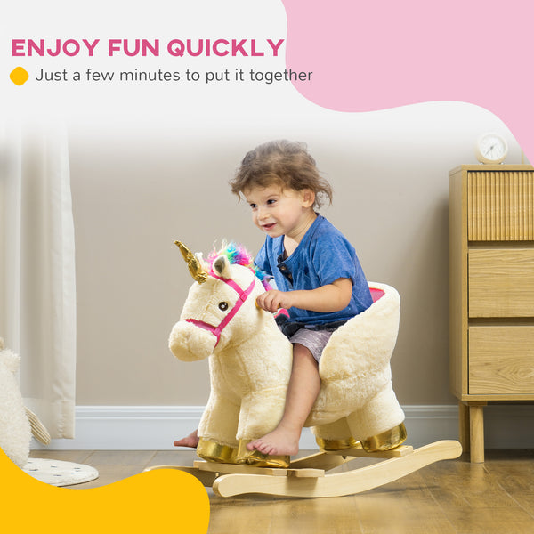 Unicorn Rocking Horse with Sound, Seat Belt, Wooden Base, for 18-36 Months