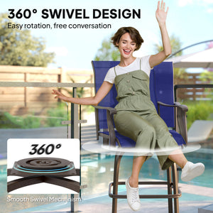 Outdoor Bar Stools Set of 2, Swivel Bar Height Chairs with High Back, Curved Armrests and Steel Frame, Navy Blue