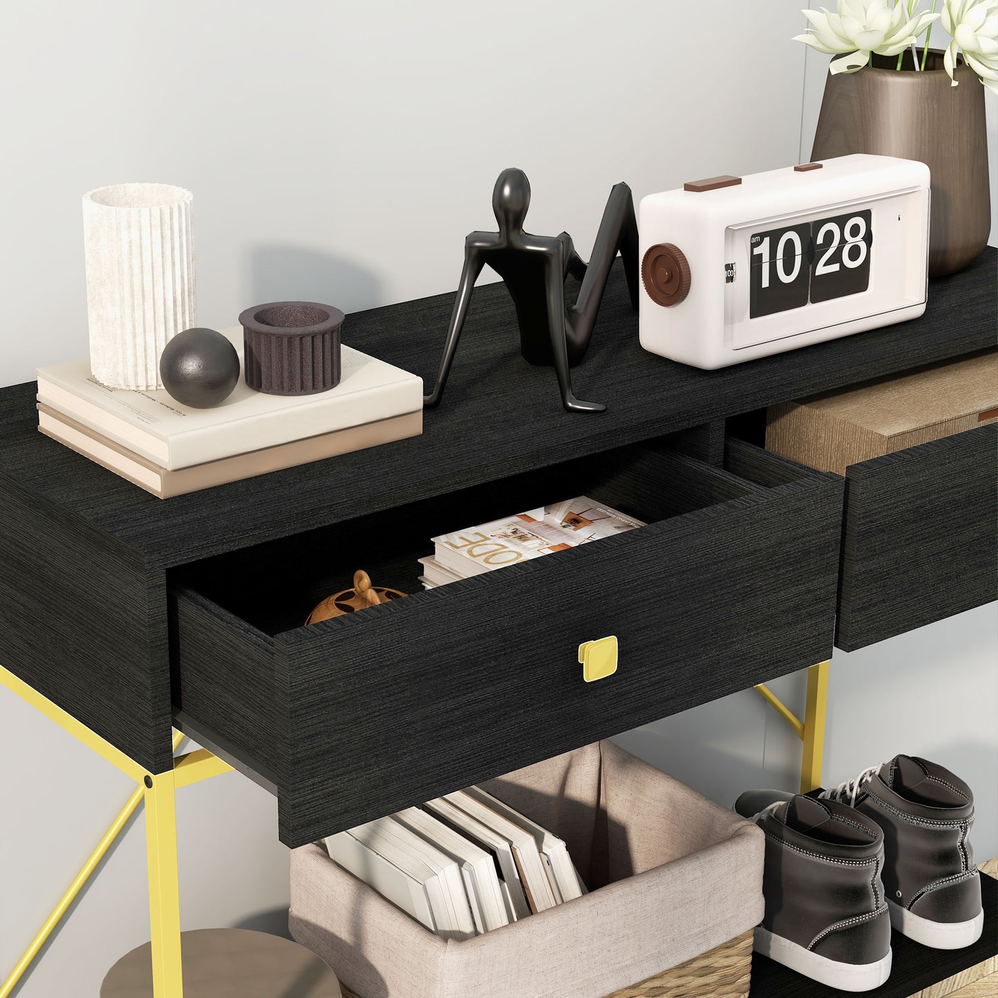 Console d'entrée avec 2 tiroirs et étagère de rangement, noir