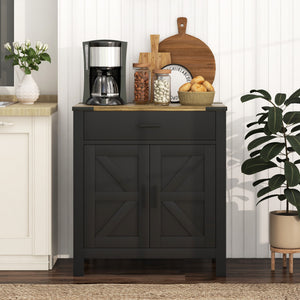 Buffet de rangement de cuisine de style campagnard avec tiroir et étagère, noir