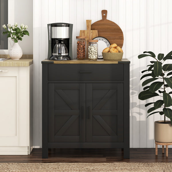Buffet de rangement de cuisine de style campagnard avec tiroir et étagère, noir