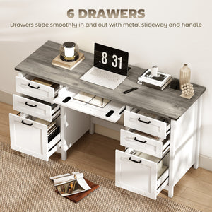 Computer Desk with Drawers Office Desk with 7 Drawers Charging Station Study Table 57" Brown White