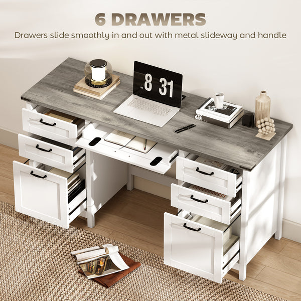 Computer Desk with Drawers Office Desk with 7 Drawers Charging Station Study Table 57" Brown White