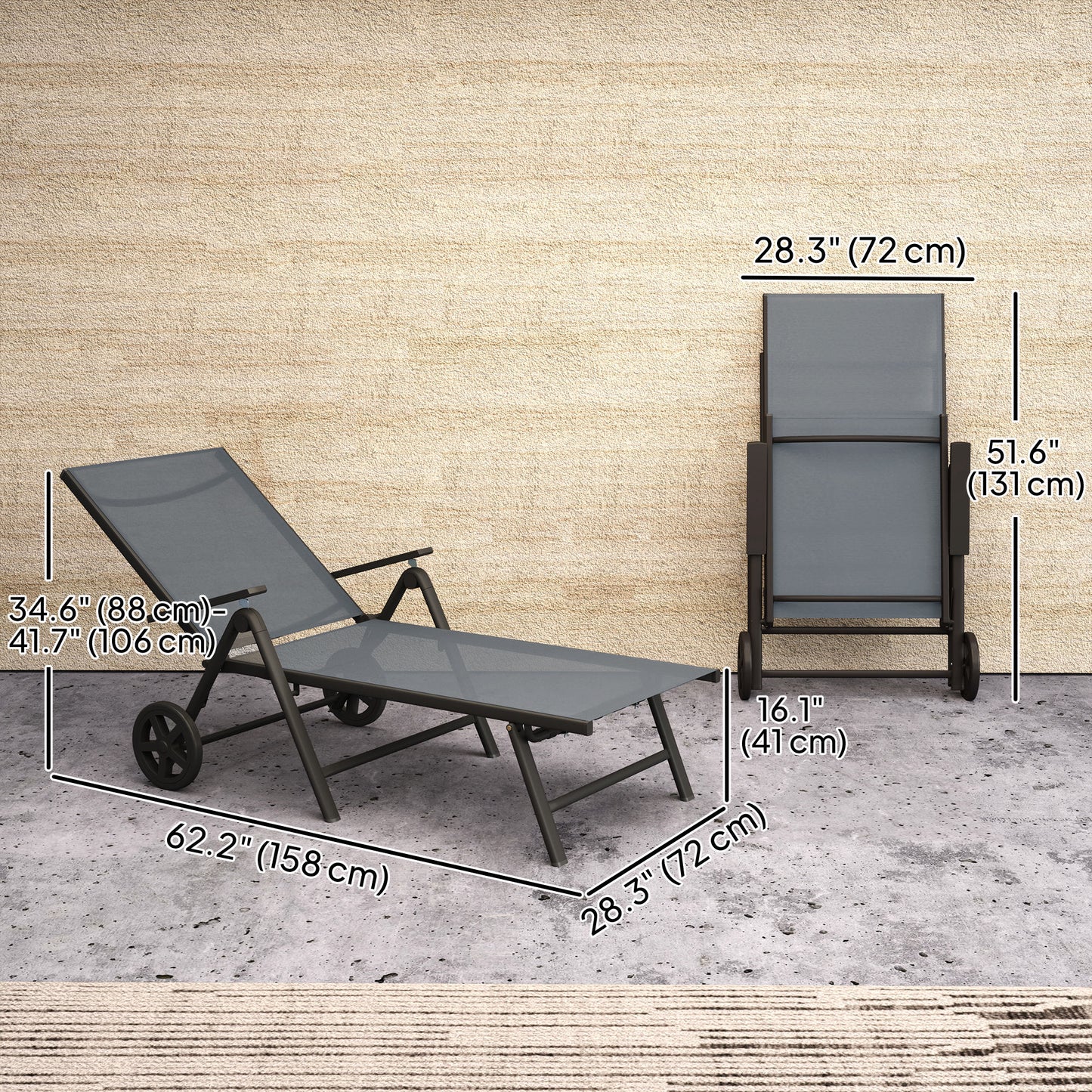 Outsunny Outdoor Lounge Chair, 5-Level Adjustable Folding Chaise Chair with 2 Wheels for Backyard, Beach, Poolside, Gray |