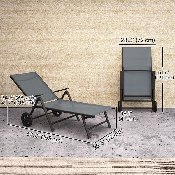 Chaise longue d'extérieur réglable sur 5 niveaux avec 2 roulettes, gris