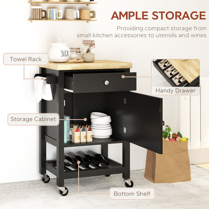 HOMCOM Kitchen Island on Wheels, Rolling Kitchen Cart with Wooden Top, Towel Rack, Drawer and Shelf for Dining Room, Black