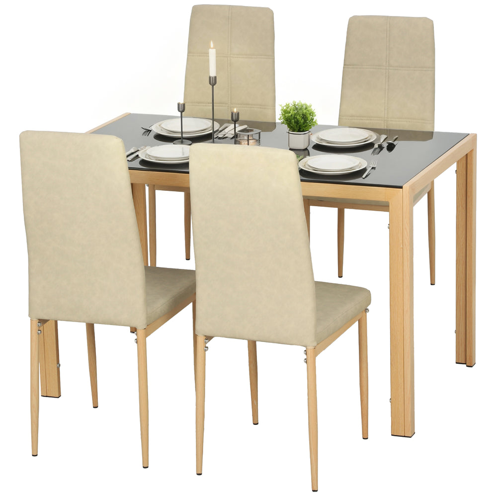 5-piece rectangular glass kitchen table and chairs set with metal frame and faux leather upholstery