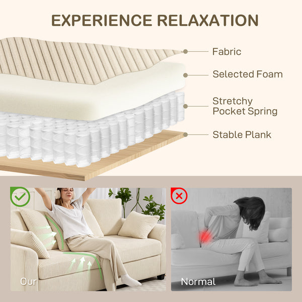 Canapé 3 places en velours côtelé avec accoudoirs incurvés et 8 coussins amovibles, beige