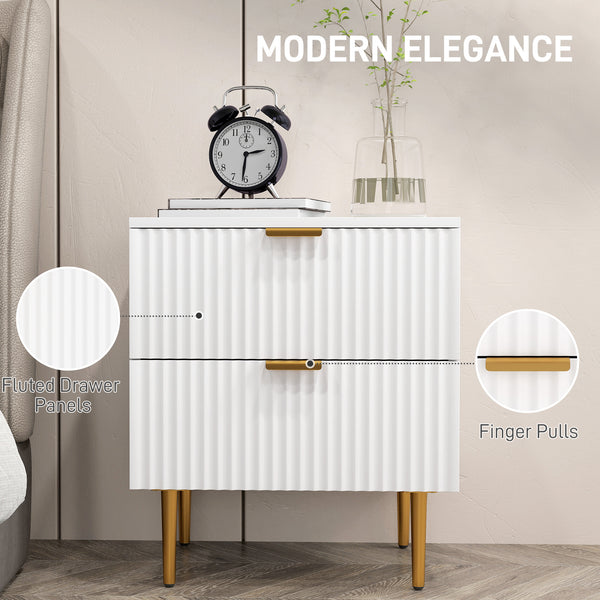 Table de chevet moderne avec 2 tiroirs, pieds en métal pour salon, chambre, blanc
