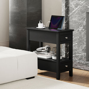 Table d'appoint étroite avec station de charge avec étagère de rangement et tiroirs pour salon, noire