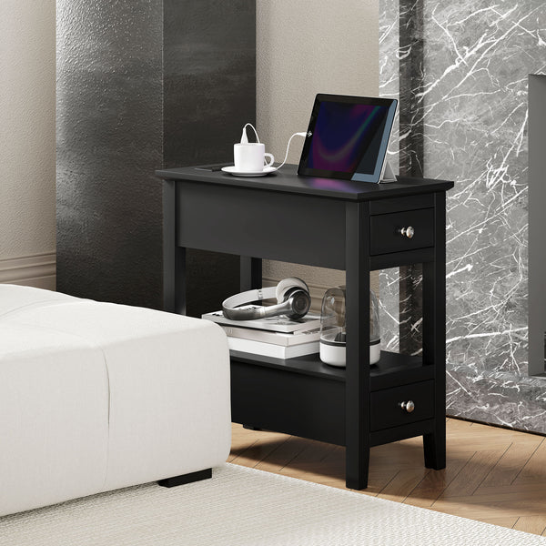 Table d'appoint étroite avec station de charge avec étagère de rangement et tiroirs pour salon, noire