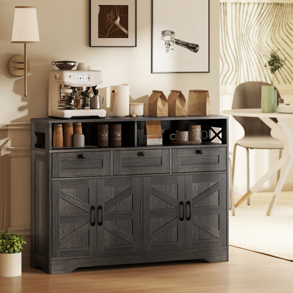 Buffet avec 4 portes coulissantes de style grange avec 3 tiroirs et étagères réglables, marron foncé