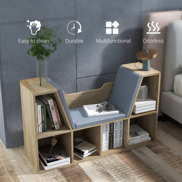 Bibliothèque à 6 compartiments avec coussin pour coin de lecture, bureau, chêne