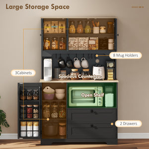 Meuble de cuisine avec 3 placards, 2 tiroirs, étagères réglables et support pour micro-ondes, noir.