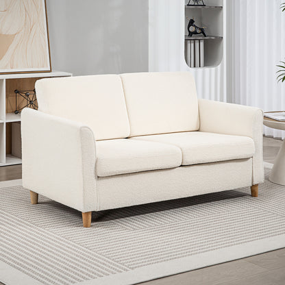 Canapé 2 places avec accoudoirs et pieds en bois pour salon, chambre, blanc crème