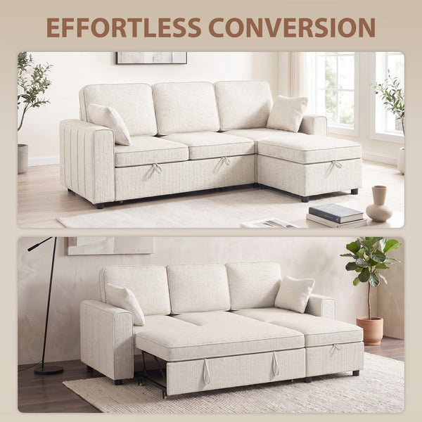Canapé-lit d'angle modulable avec pouf de rangement réversible avec coussin à ressorts, beige