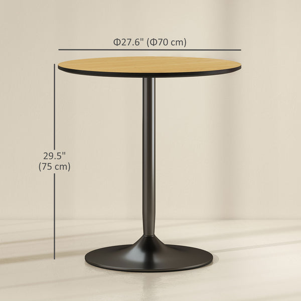 Table de cuisine ronde pour 2 personnes avec placage bois et piètement en acier, couleur naturelle.
