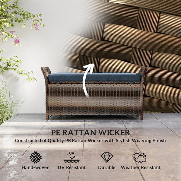 Banc de rangement extérieur 2 en 1 en osier avec poignées et coussin, bleu marine