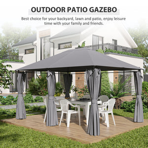 Gazebo 13' x 10' en acier à toit souple avec 6 rideaux amovibles et trous de drainage, gris