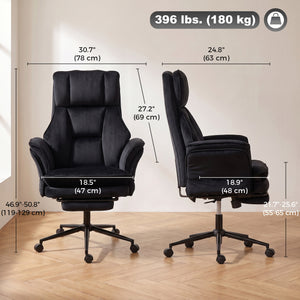 Chaise de bureau inclinable en velours avec repose-pieds et accoudoirs relevables, noir