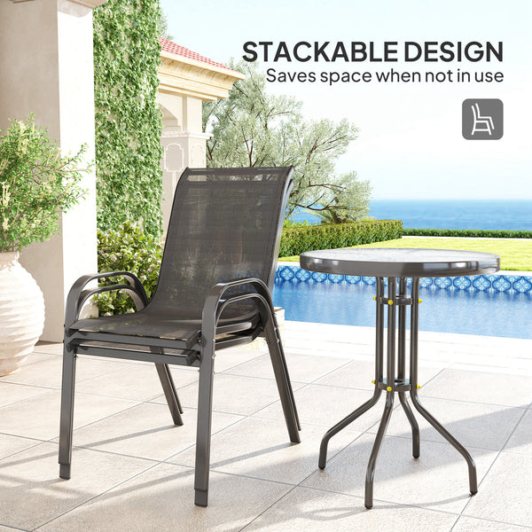 3 Pieces Bistro Set, Small Patio Furniture Set with Stackable Mesh Chairs, Glass Table for Garden, Balcony, Black
