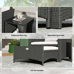 Ensemble de meubles 5 pièces en rotin avec table basse à deux niveaux et poufs, gris et blanc crème