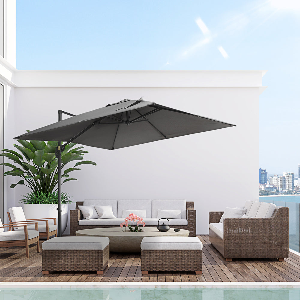 Parasol déporté de 2,74 m (9 pi), carré à pied en croix, manivelle, inclinaison, rotation à 360° et structure en aluminium, gris foncé