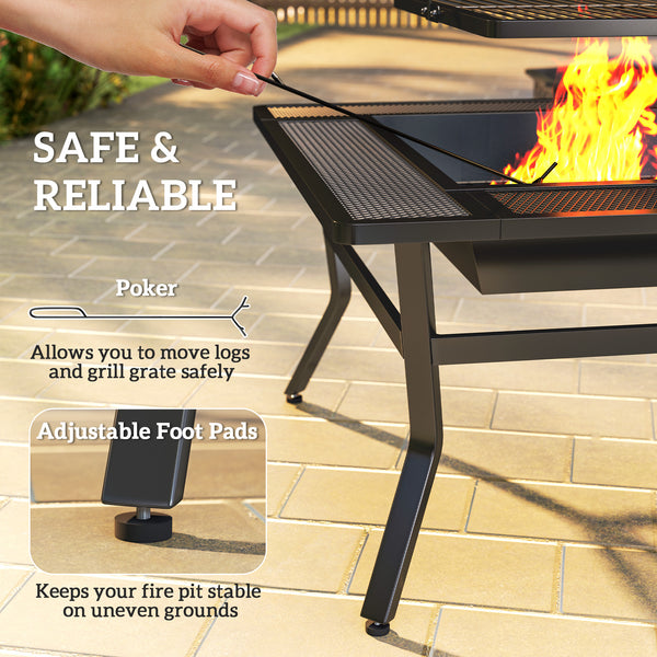 Square Outdoor Fire Pit Firepit with Adjustable Grill Grate, Wood Fire Pit with Adjustable Foot Pads, Outer Ledge, Poker for Backyard Bonfire Picnic, Black