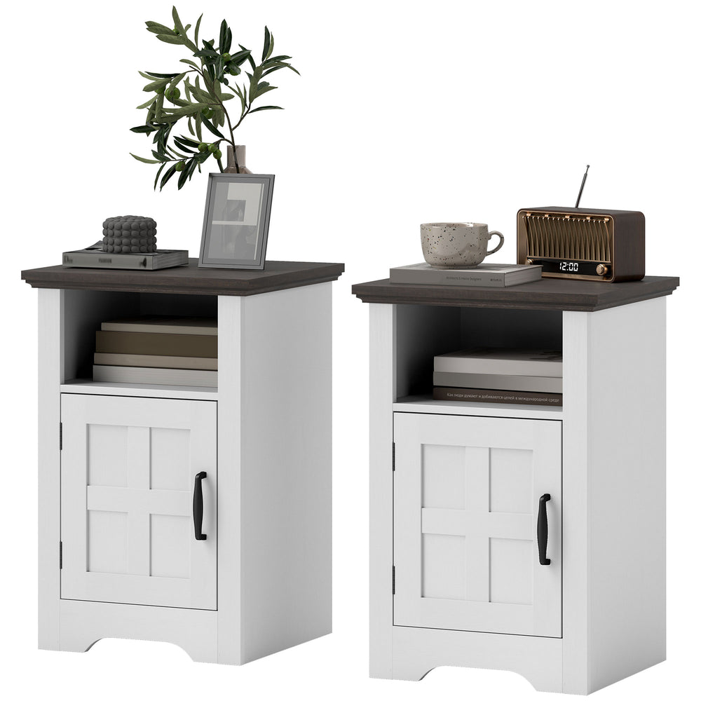 Ensemble de 2 tables d’appoint avec rangement et portes style grange – Blanc