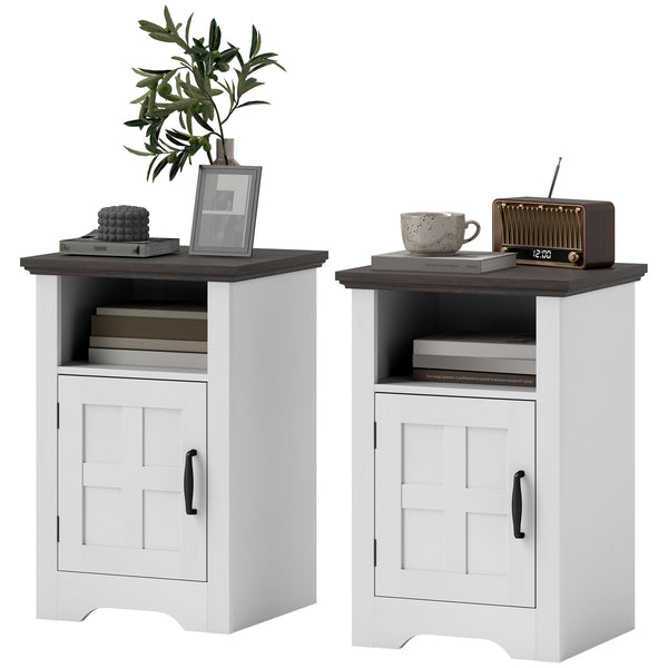 Ensemble de 2 tables d’appoint avec rangement et portes style grange – Blanc