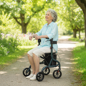 Déambulateur pliable avec siège pour seniors, léger et à roulettes, avec poignées réglables, vert