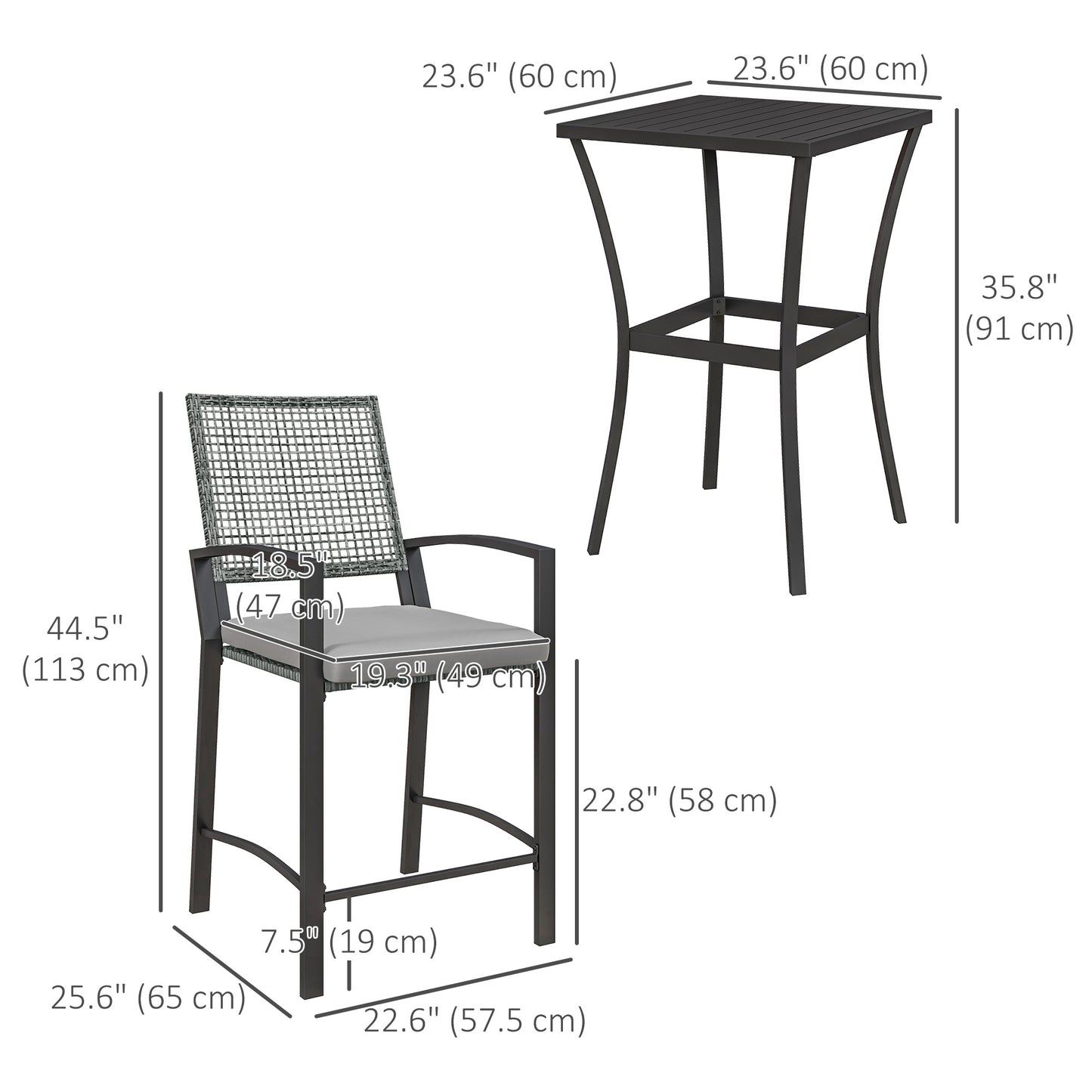 Ensemble table et chaises de bar en rotin 3 pièces avec coussins