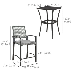 Ensemble table et chaises de bar en rotin 3 pièces avec coussins