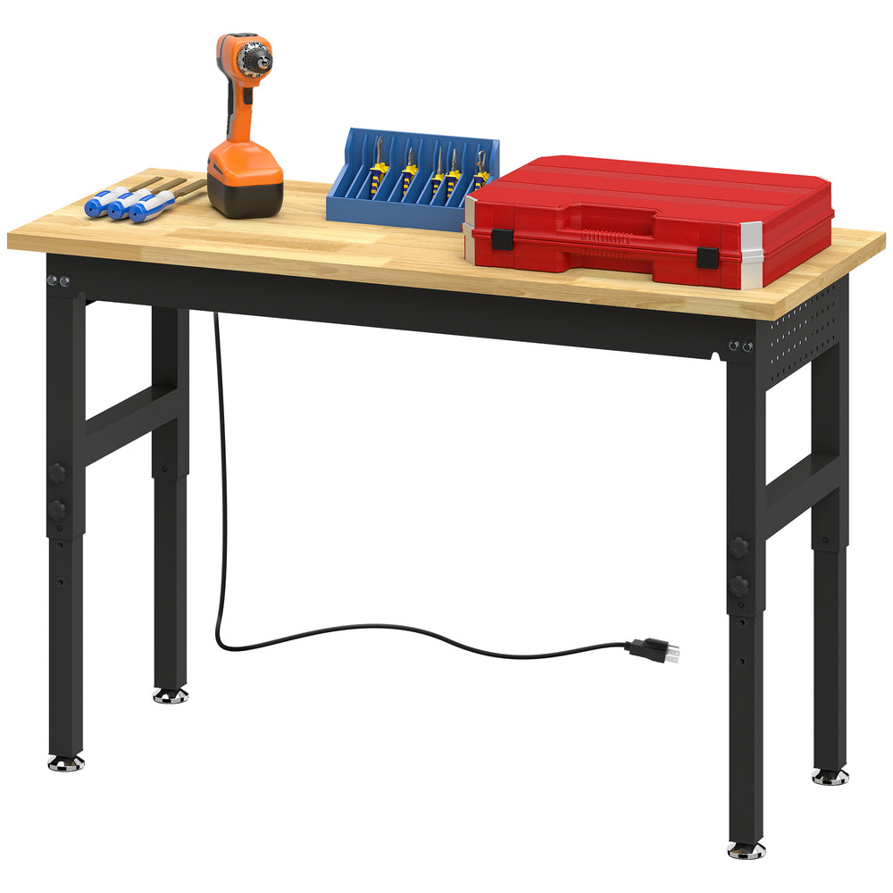 Établi robuste réglable en hauteur avec prises électriques, USB et panneau porte-outils – Bois naturel et noir