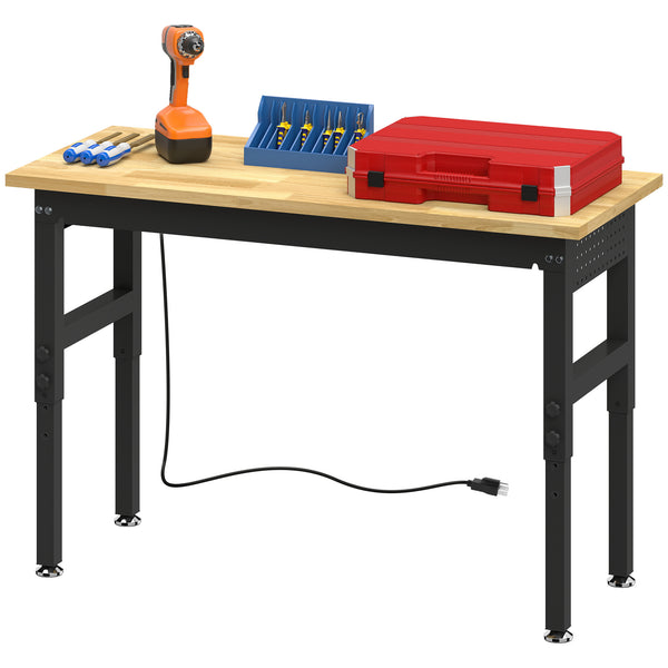 48" Adjustable Workbench, Heavy-Duty Work Table with Rubberwood Top, Power Outlets, Pegboard, 2000 LBS Capacity