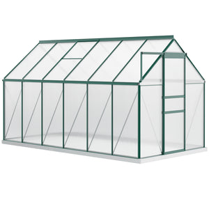 Serre en polycarbonate avec toit ventilé réglable, base galvanisée, porte coulissante et gouttière, verte