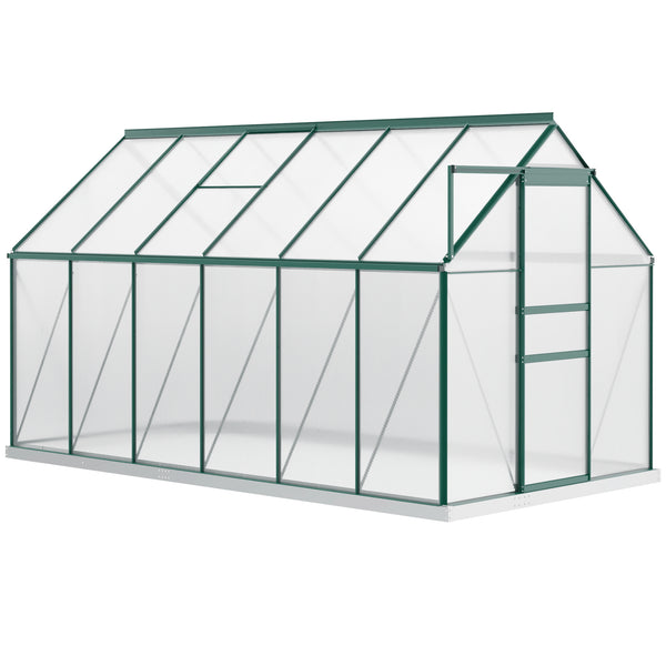 Serre en polycarbonate avec toit ventilé réglable, base galvanisée, porte coulissante et gouttière, verte