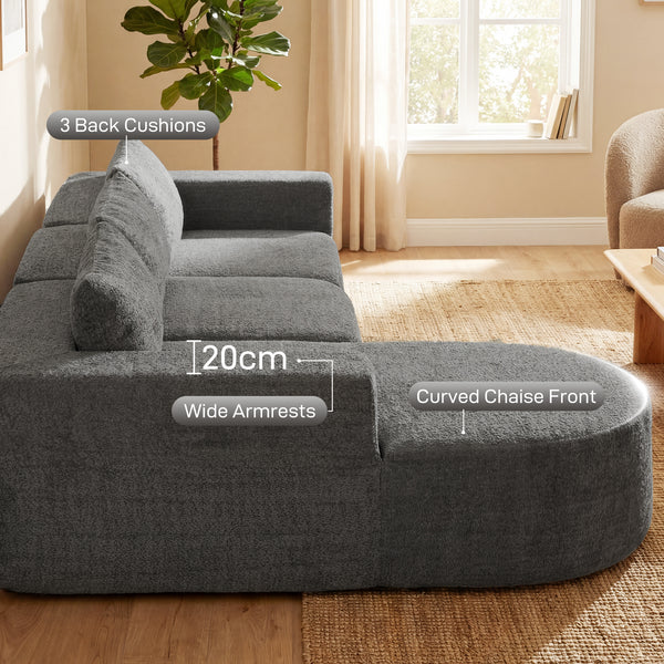 Canapé d'angle modulable sans ossature, avec méridienne et assise profonde, gris foncé