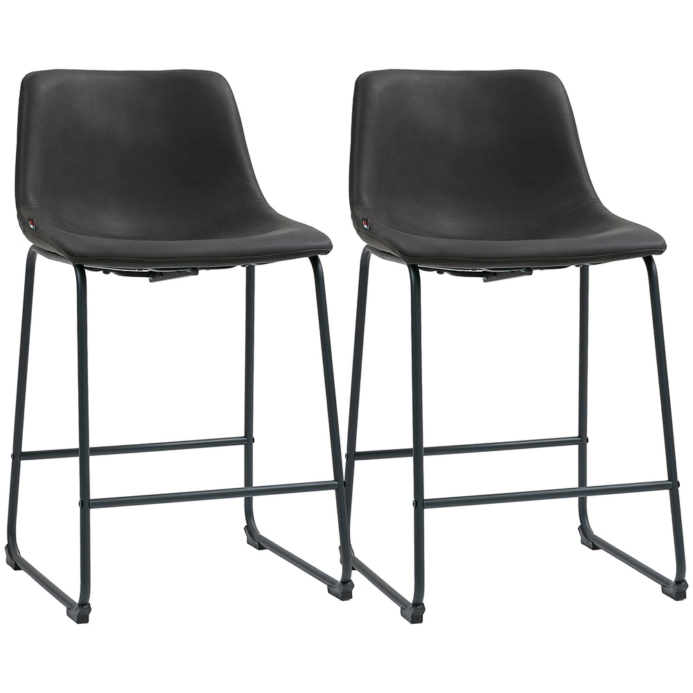 Set of 2 vintage style faux leather bar stools with footrest, dark brown.