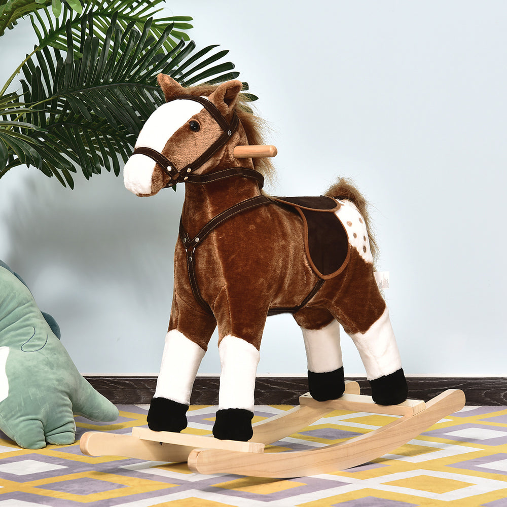 Kids Plush Rocking Horse Ride-On Toy with Realistic Sound (Brown)