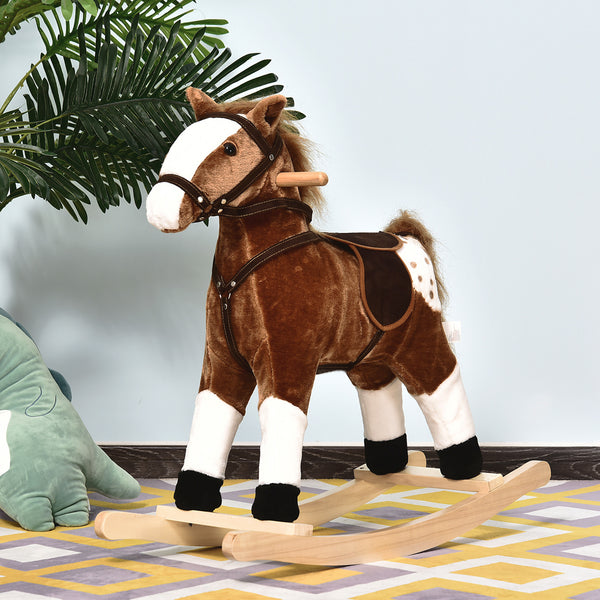 Kids Plush Rocking Horse Ride-On Toy with Realistic Sound (Brown)