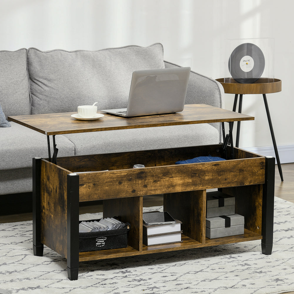 Table basse relevable avec compartiment de rangement dissimulé, 3 étagères inférieures, marron rustique