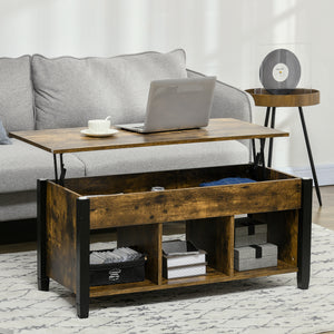 Table basse relevable avec compartiment de rangement dissimulé, 3 étagères inférieures, marron rustique
