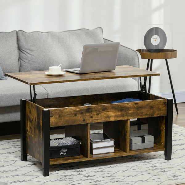 Table basse relevable avec compartiment de rangement dissimulé, 3 étagères inférieures, marron rustique